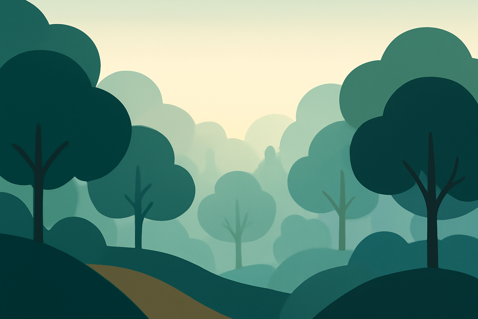 Minimalist vector of a calm misty forest at morning light