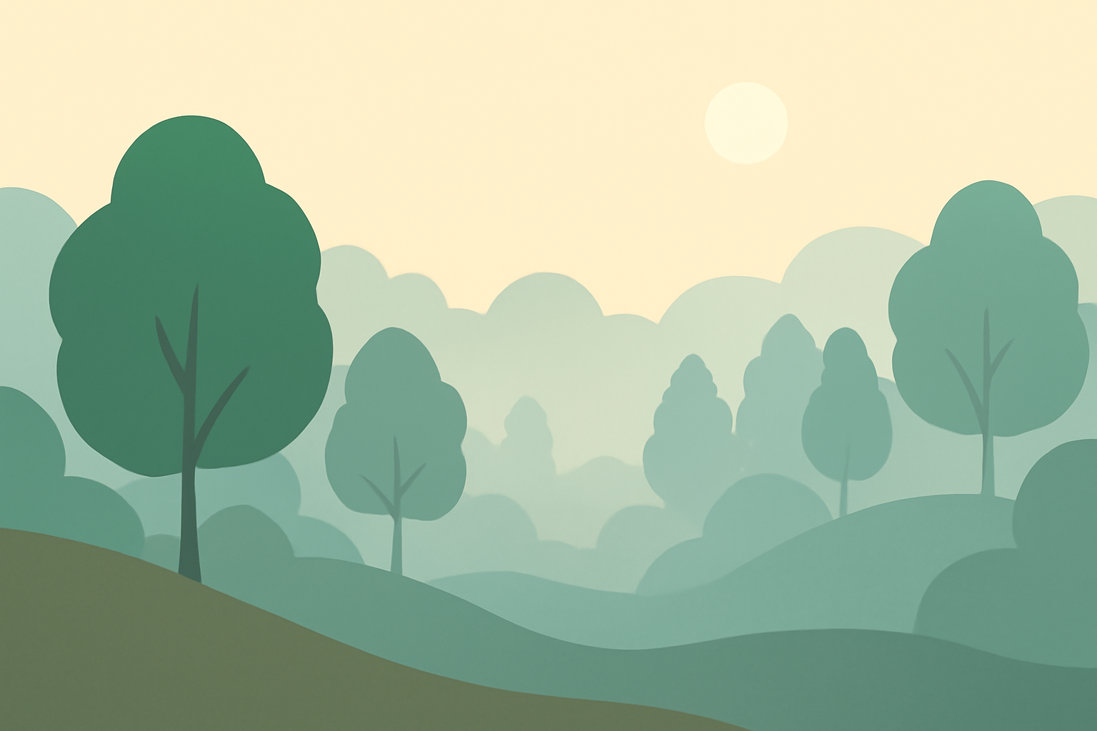 Minimalist misty forest landscape evoking calm breathing