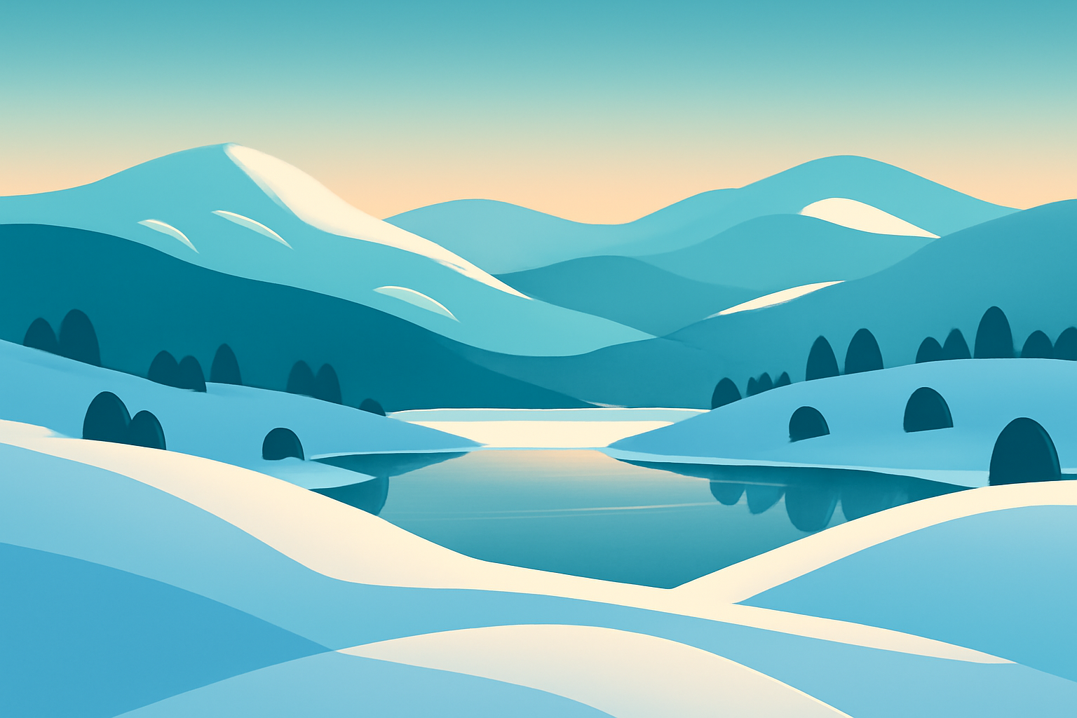 Minimalist snowy alpine landscape at dusk