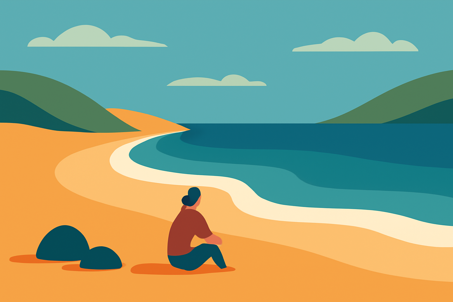 Young adult sitting calmly on a quiet beach cove practicing emotional resilience