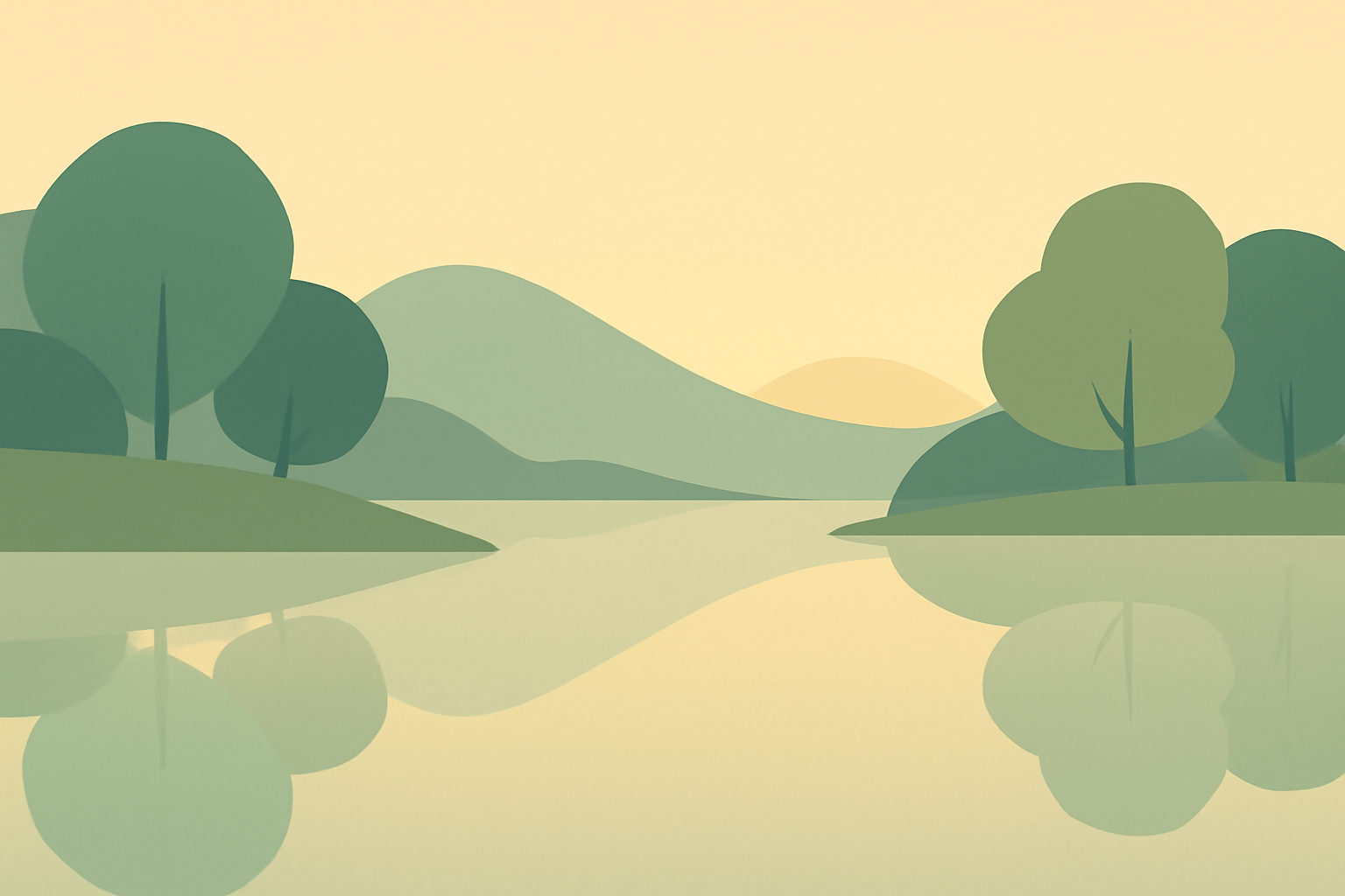 Minimalist rounded vector of a calm lake at sunrise with soft hills