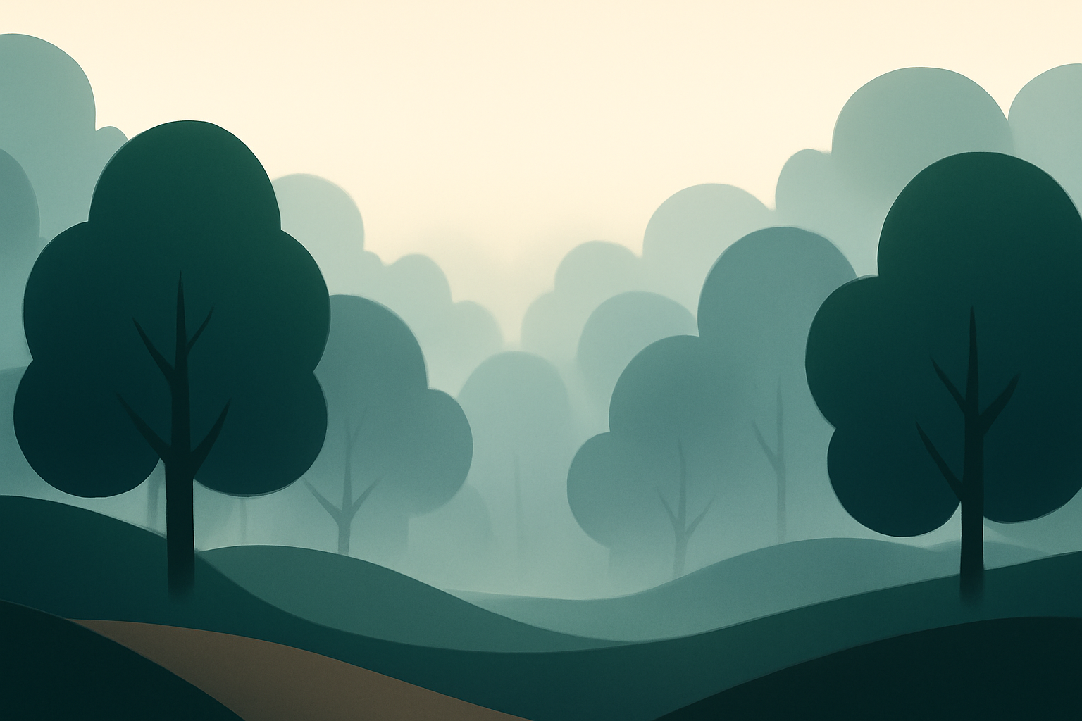 Serene misty forest with soft rounded trees at sunrise