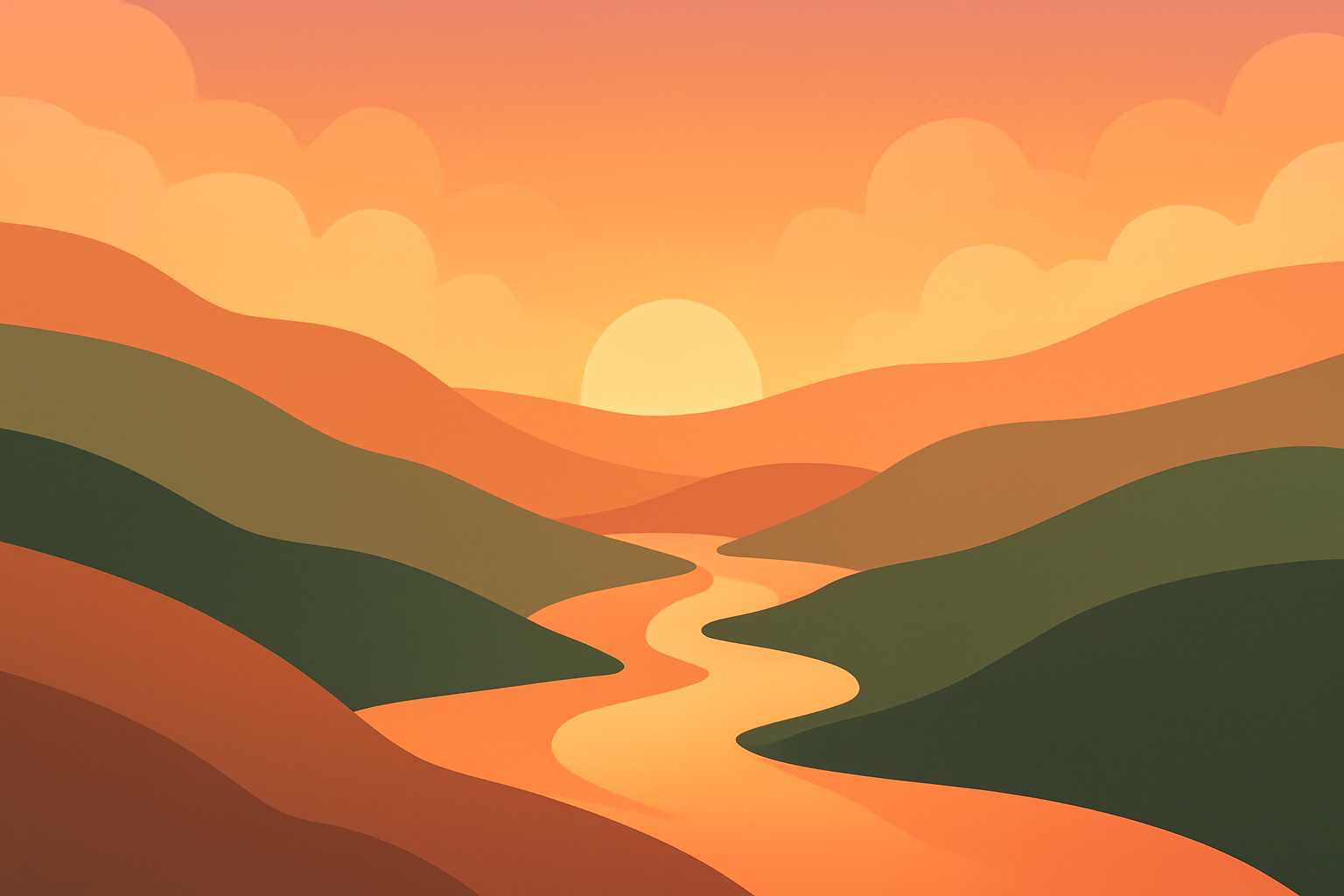 Minimalist vector valley at sunset with a winding river