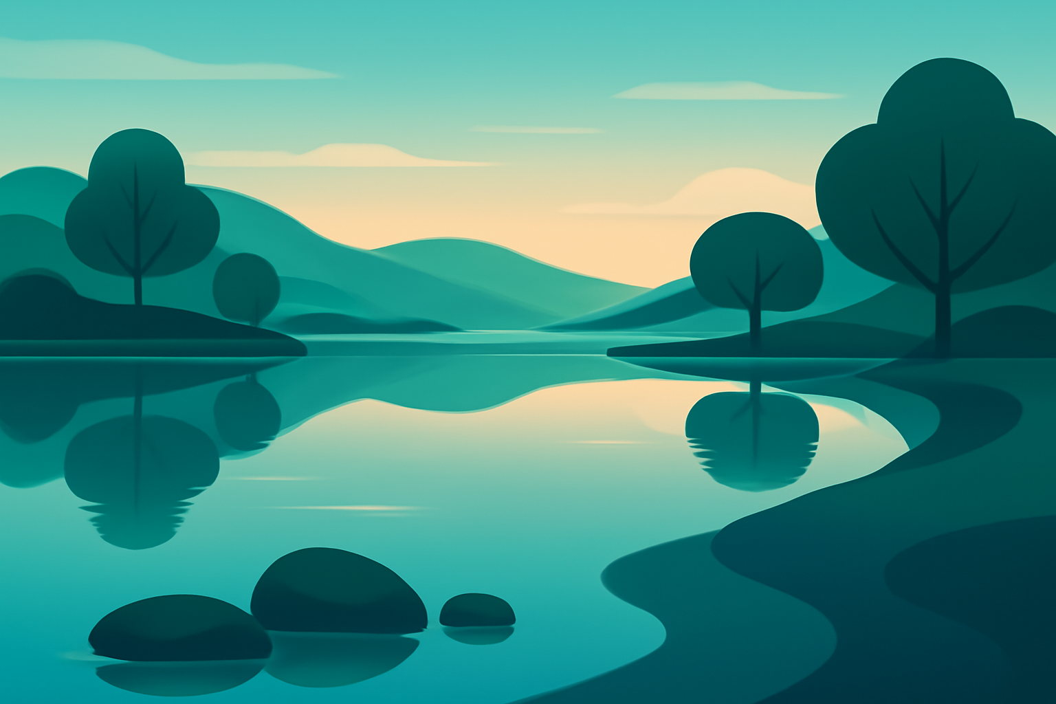 Calm minimalist illustration of a lake and rounded hills at sunrise