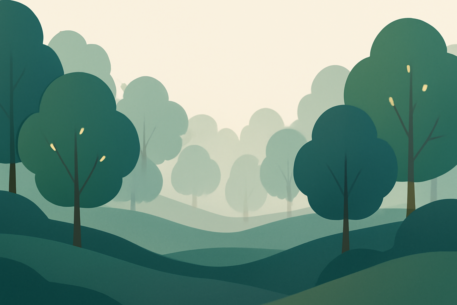 Minimalist vector scene of a misty forest morning with soft rounded trees