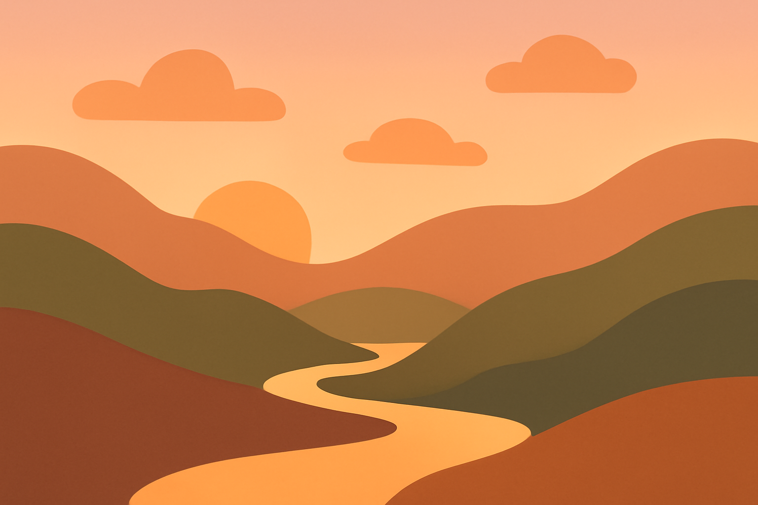 Calm sunset valley with winding river in minimalist vector style