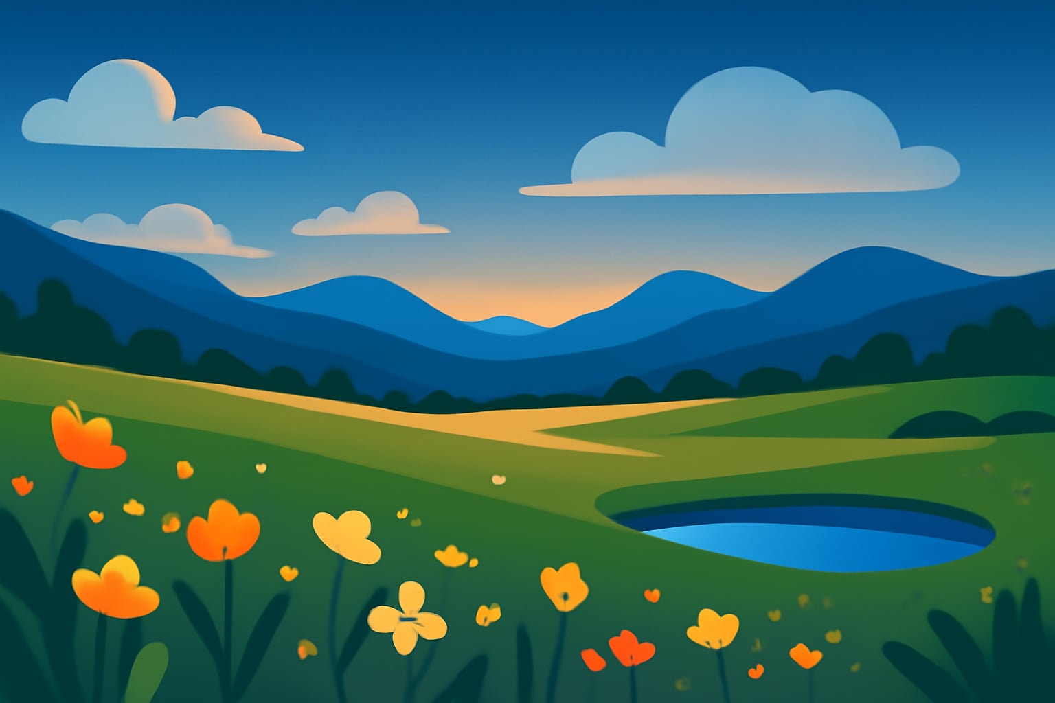 Person lying in bed at night in a calm mountain meadow scene, putting phone aside