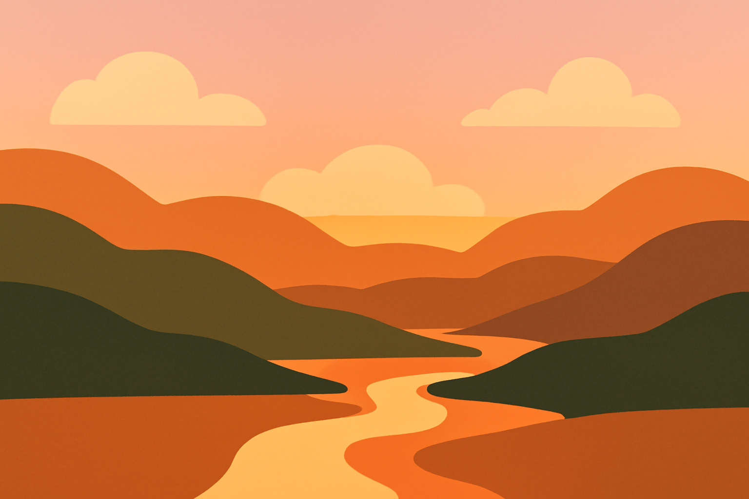 Minimalist vector illustration of a calm sunset valley with a winding river