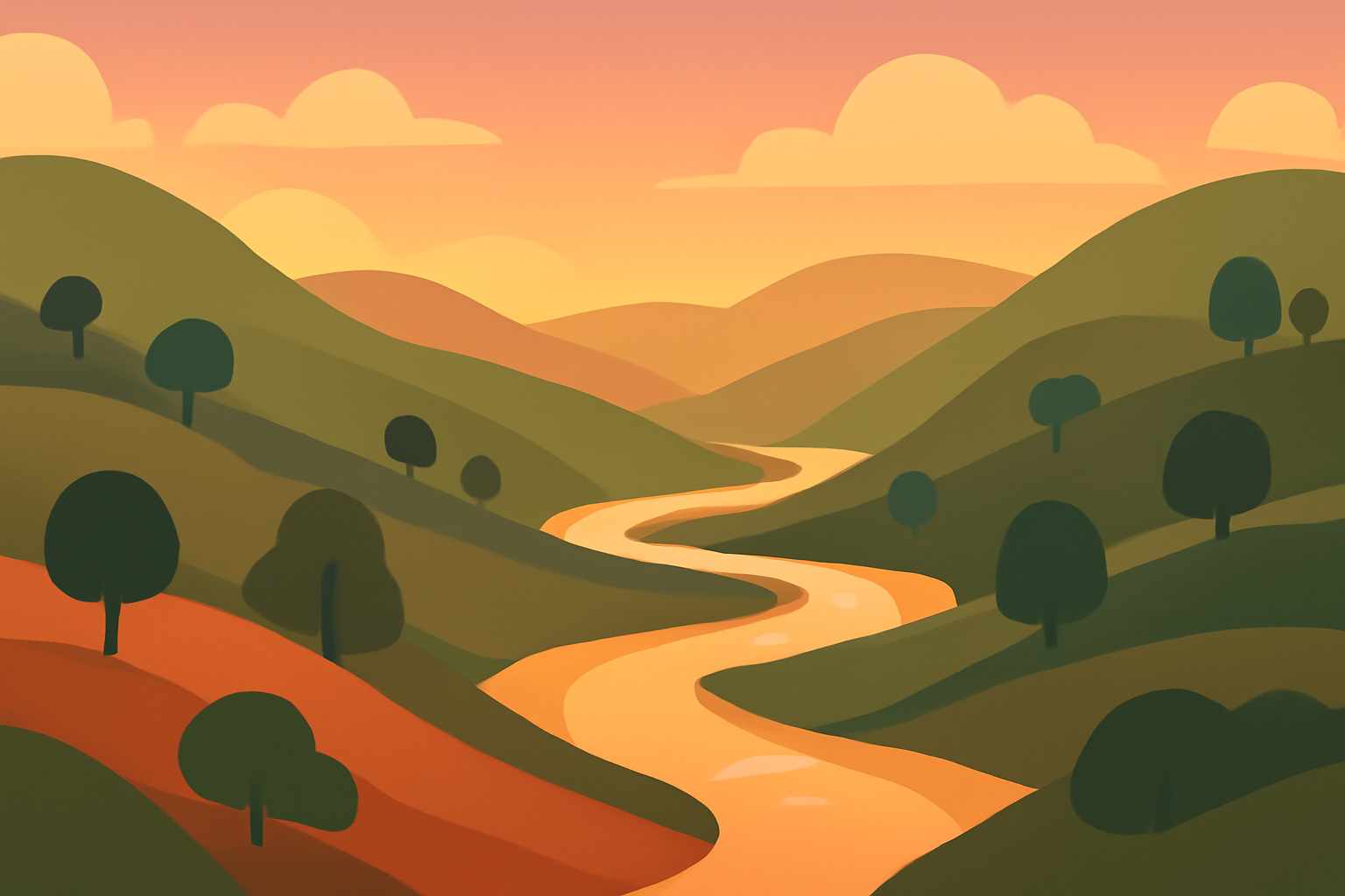 Minimalist vector of a sunset valley with a winding river