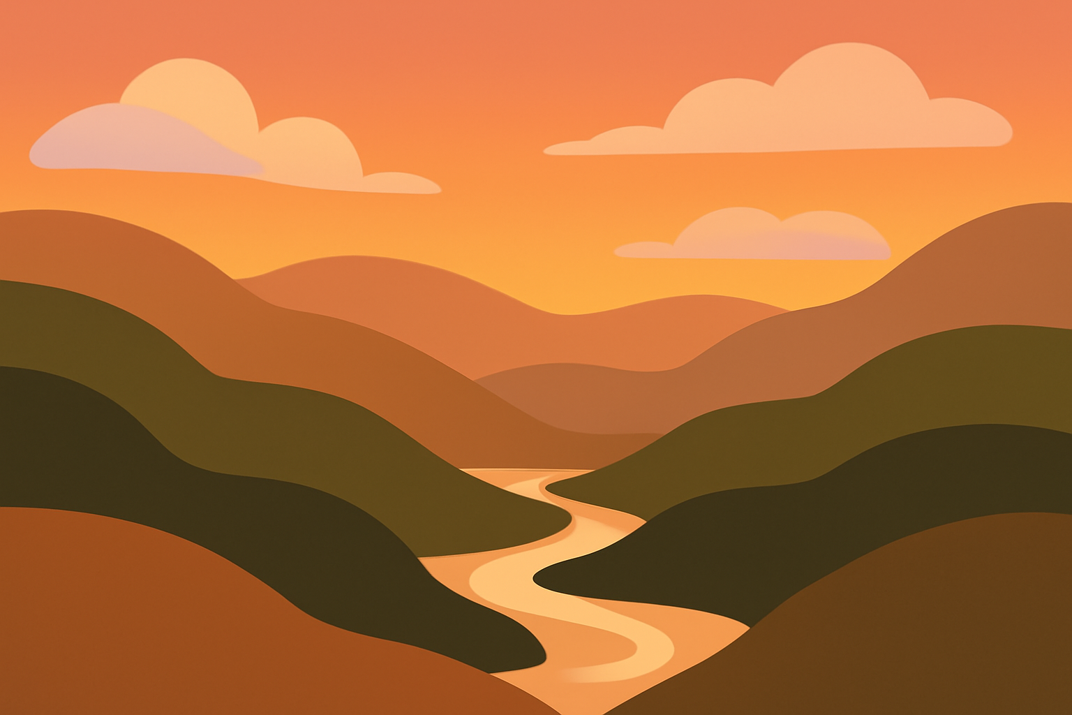Peaceful valley at sunset with a winding river